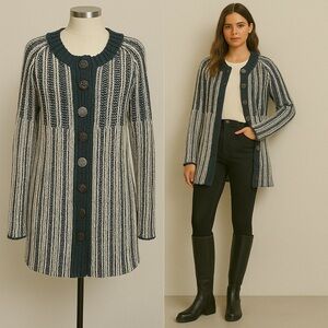 Pure Handknit Black & White Striped Cardigan Sweater – XS/S – 100% Cotton
